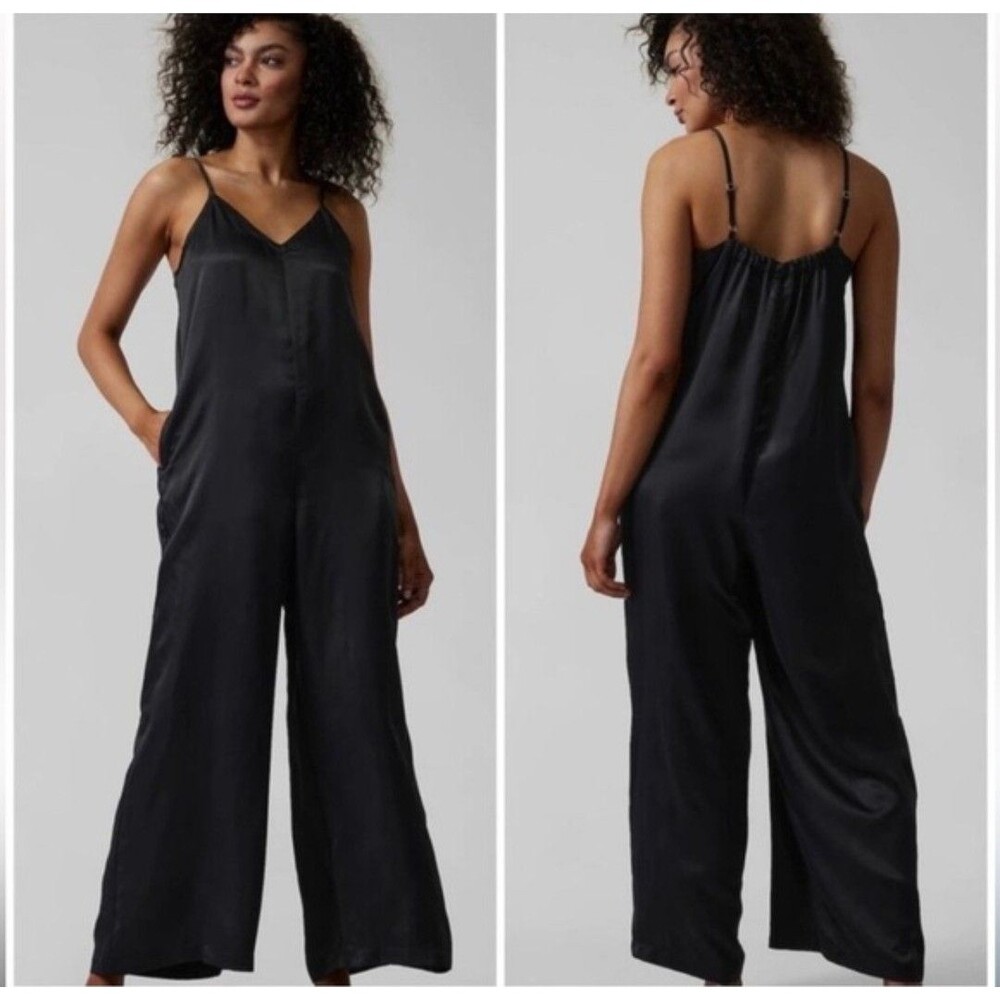 Athleta Calm Cool Wide Leg Satin Jumpsuit XS Black Silky Cupro Minimalist